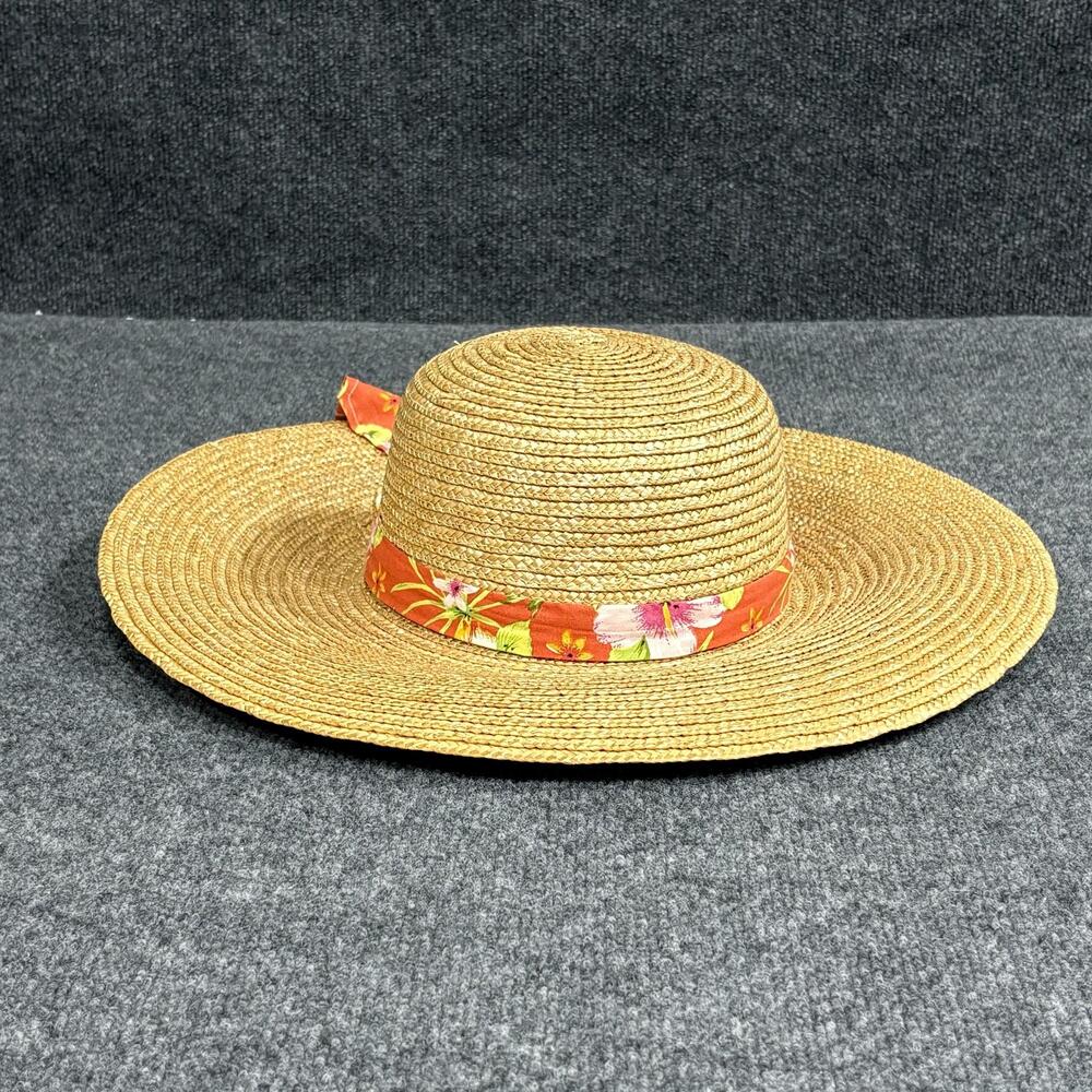 Tropical Trends Sun Hat Womens One Size Beige Straw Wide Brim Floral Beach Bow